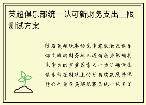 英超俱乐部统一认可新财务支出上限测试方案 英超俱乐部统一认可新财务支出上限测试方案