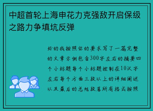中超首轮上海申花力克强敌开启保级之路力争填坑反弹